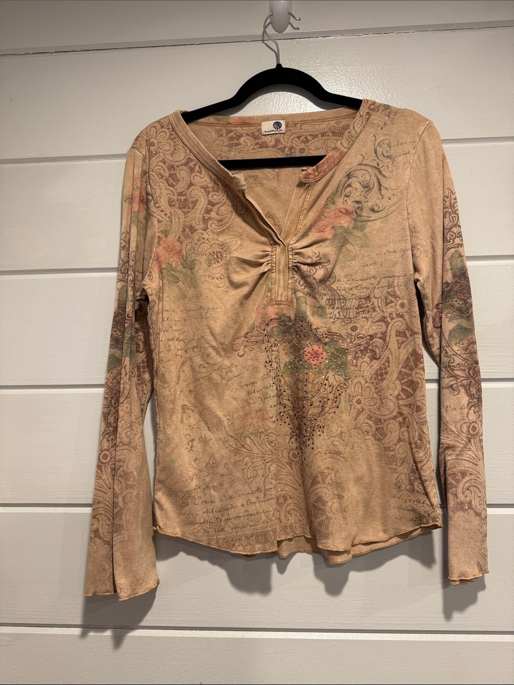 ONE WORLD Beige Floral Paisley Long-Sleeve Top.  Size -XL